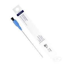 Sterile intermittent catheter with blue funnel tip and packaging for medical use