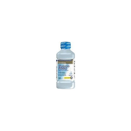 Clear plastic bottle of electrolyte solution for medical hydration support on white background.
