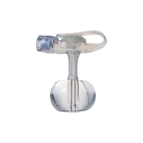Low-profile gastrostomy feeding tube with clear balloon and purple connector on white background