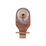 Brown ostomy pouch with adhesive barrier and drainable closure, for stoma care.