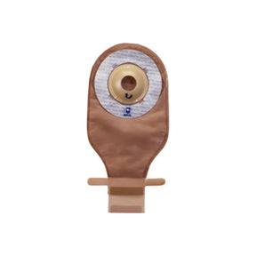 Brown ostomy pouch with adhesive barrier and drainable closure, for stoma care.