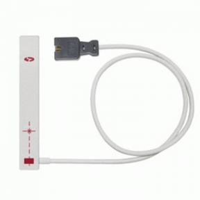 Neonatal soft touch adhesive sensor with white cable and gray connector for medical monitoring