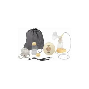 Electric breast pump kit with bottles, tubing, power adapter, carrying bag, and accessories.