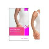 Medical compression arm sleeve for lymphedema relief, shown on arm and in product packaging.