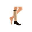 Medical compression leg sleeve with beige calf wrap and black foot cover for chronic condition support