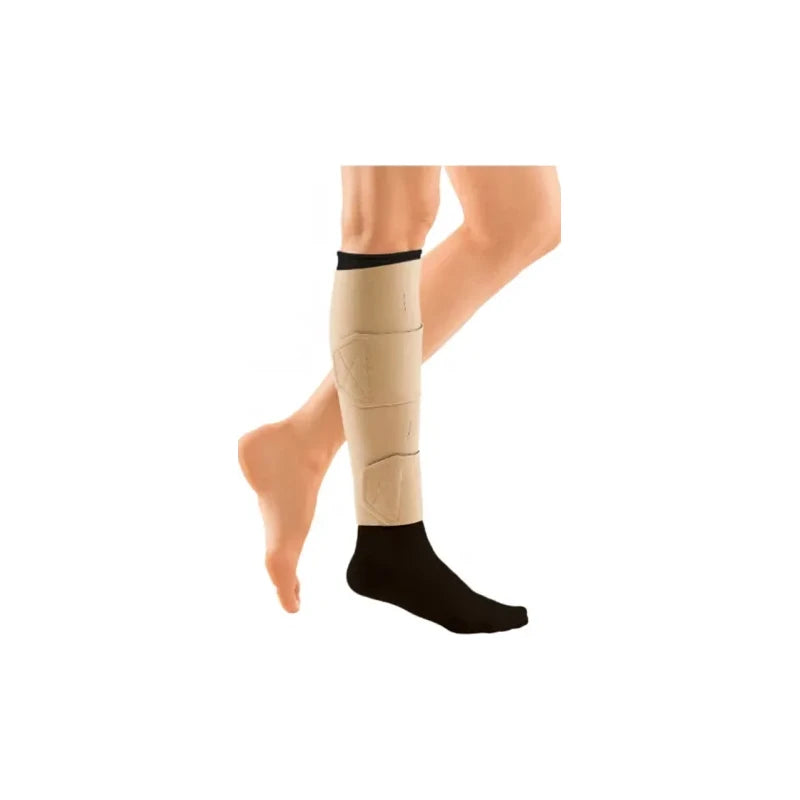 Medical compression leg sleeve with beige calf wrap and black foot cover for chronic condition support