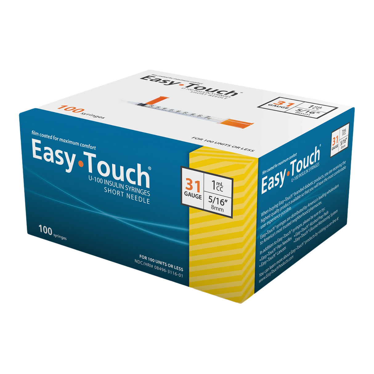 Easy Touch U-100 Insulin Syringes Short Needle, 31 gauge