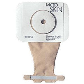 Mini drainable cut-to-fit ostomy pouch with beige pouch and adhesive backing.