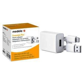 Medela Freestyle Flex power adaptor with USB cables and product packaging