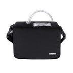Black medical supply carrying case with shoulder strap and transparent tubing