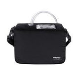 Black medical supply carrying case with shoulder strap and transparent tubing