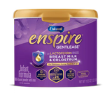 Enfamil Enspire Gentlease infant formula powder container with brain building and immune health benefits design.