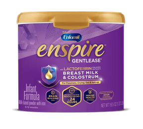 Enfamil Enspire Gentlease infant formula powder container with brain building and immune health benefits design.