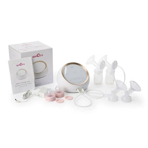 Electric breast pump kit with bottles, flanges, tubing, and accessories on white background.