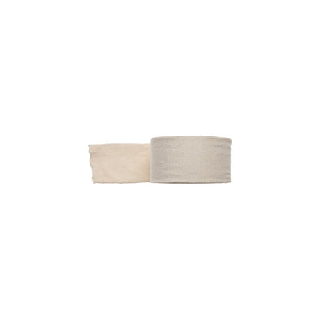 Beige medical gauze bandage roll for wound care on white background