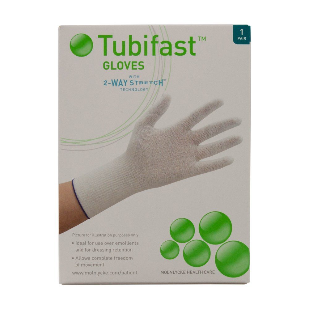 Tubifast gloves box with outstretched hand, 2-way stretch medical gloves packaging.