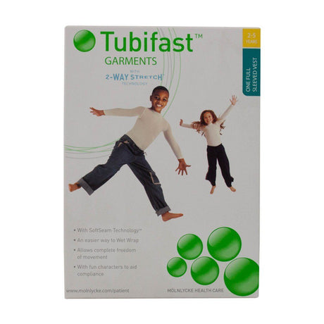 Tubifast garments box for children, showing two kids wearing stretch vests, 2-way stretch vest for 2-5 years.