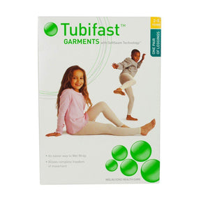 Tubifast leggings packaging for kids ages 2-5, shows two children in white medical leggings.