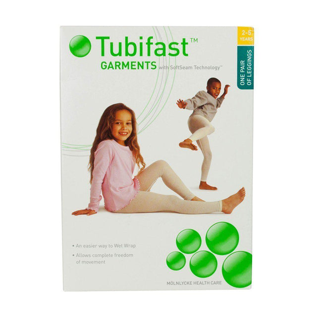 Tubifast leggings packaging for kids ages 2-5, shows two children in white medical leggings.