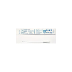 Sterile 12 Fr intermittent catheter with white packaging and product labeling