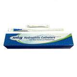 MTG hydrophilic catheters box with single sterile catheter in packaging displayed above