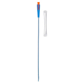 Soft vinyl intermittent catheter with coudé tip and hydrophilic coating, 16 inch, with bag