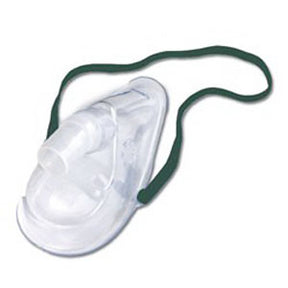 Clear oxygen mask with green elastic strap for respiratory therapy or medical use