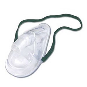 Clear oxygen mask with green elastic strap for respiratory therapy or medical use
