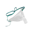 Clear oxygen mask with green strap for respiratory therapy and medical use