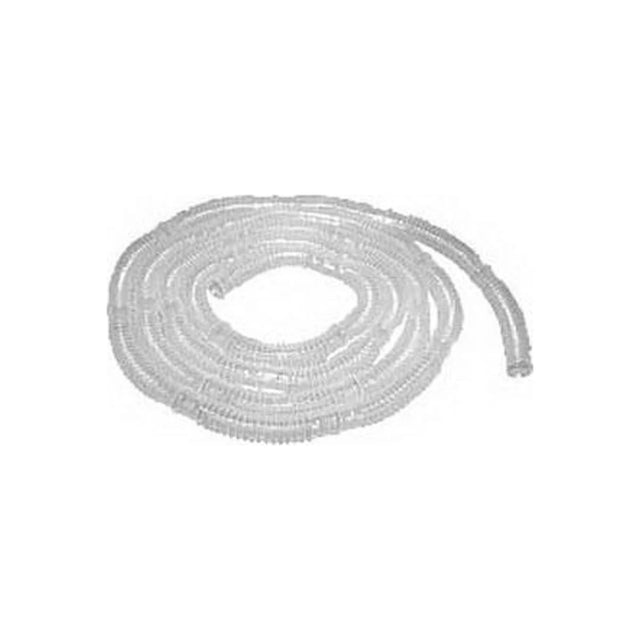 Clear medical supply tubing coiled on a white background, used for respiratory care