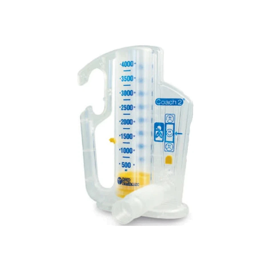 Clear incentive spirometer lung exerciser with blue volume markings on white background