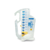 Clear incentive spirometer lung exerciser with blue volume markings on white background