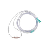 Oxygen nasal cannula with clear tubing and green connectors on a white background