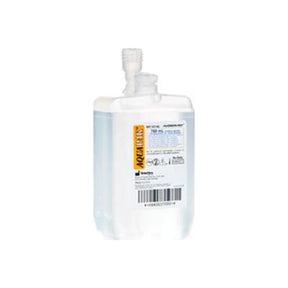 Sterile dialysis solution bag with label and blue liquid, medical supply product