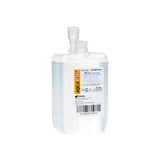Sterile medical saline solution bag with clear label and connector, used for home healthcare
