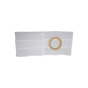 White ostomy belt support with round opening for medical stoma care