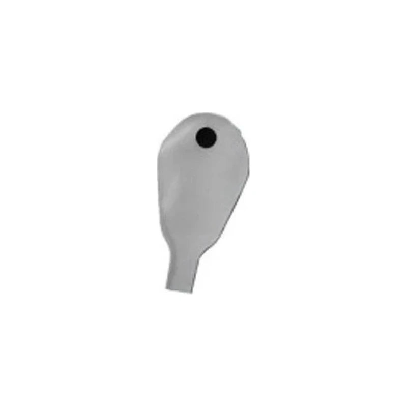 Gray ostomy pouch with black filter on white background, medical supply for stoma care