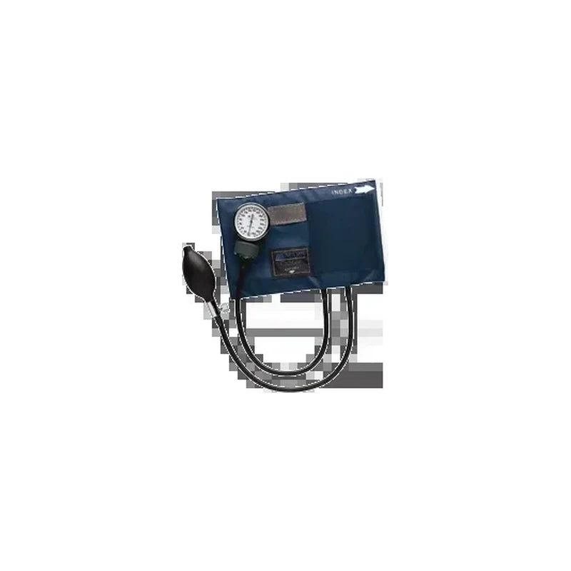 Manual blood pressure monitor with cuff, gauge, and inflation bulb on white background
