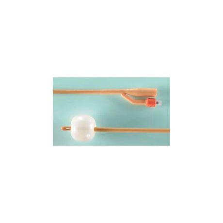 Silicone Foley catheter with inflatable balloon and drainage port on light blue background