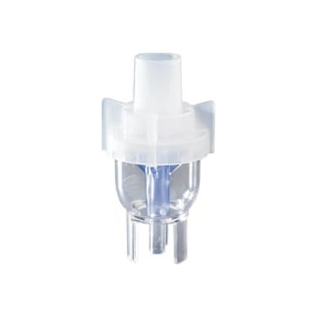 Clear plastic medical nebulizer cup with mouthpiece for respiratory therapy
