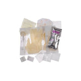 Sterile medical supply kit with gloves, gauze pads, and packaged catheter supplies