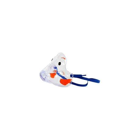 Pediatric nebulizer mask with duck design and blue elastic strap for respiratory therapy