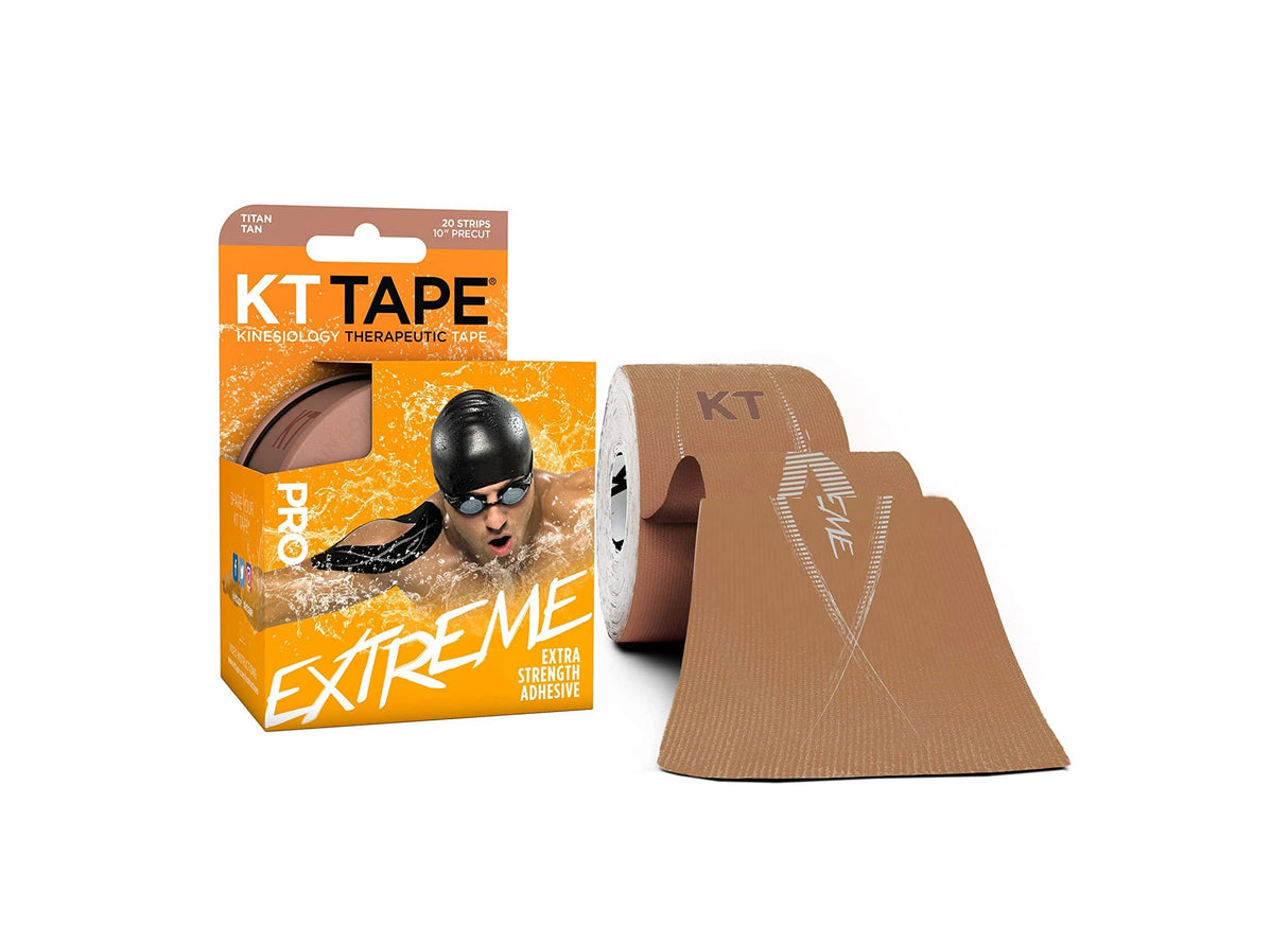 Tan KT Tape Extreme kinesiology therapeutic tape with packaging and swimmer graphic