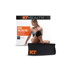 KT Health ice sleeve for knee or elbow pain relief, product packaging with model wearing sleeve