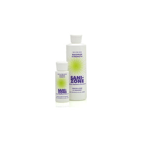 Sani-Zone ostomy appliance deodorant bottles on white background