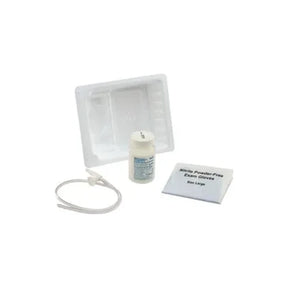 Sterile medical supply kit with tray, gloves, container, and tubing for home healthcare