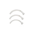 Three curved plastic tracheostomy tubes in different sizes on white background