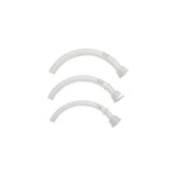 Three curved plastic tracheostomy tubes in different sizes on white background