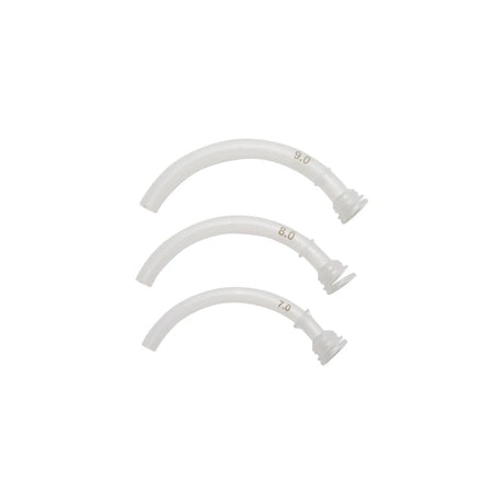 Three curved plastic tracheostomy tubes in different sizes on white background