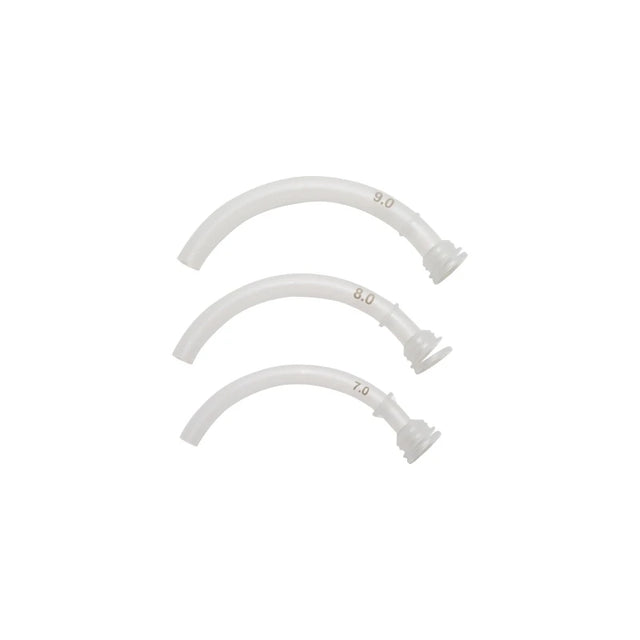 Three curved plastic tracheostomy tubes in different sizes on white background
